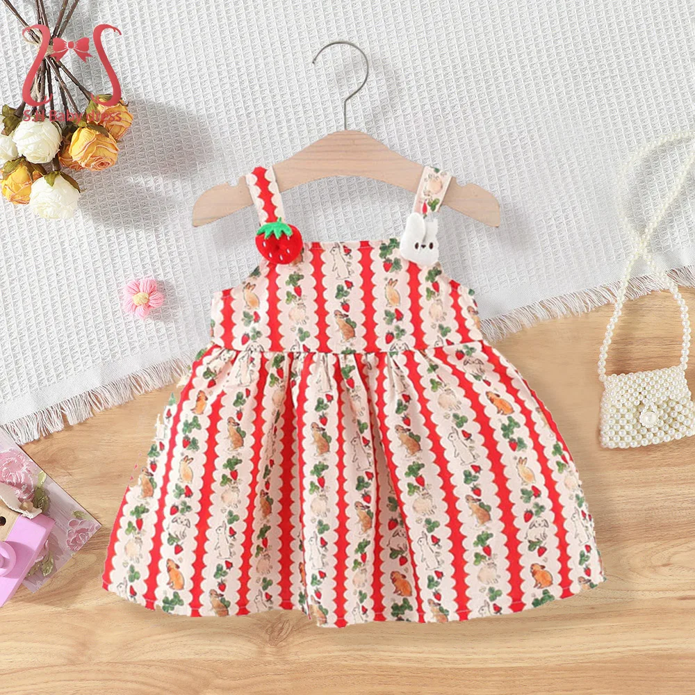 Fashion Baby Girl Summer Dress Cute Rabbit Strawberry Suspender Dresses Children Cartoon Clothes 0-3 Y Kid Wear Toddler Costumn