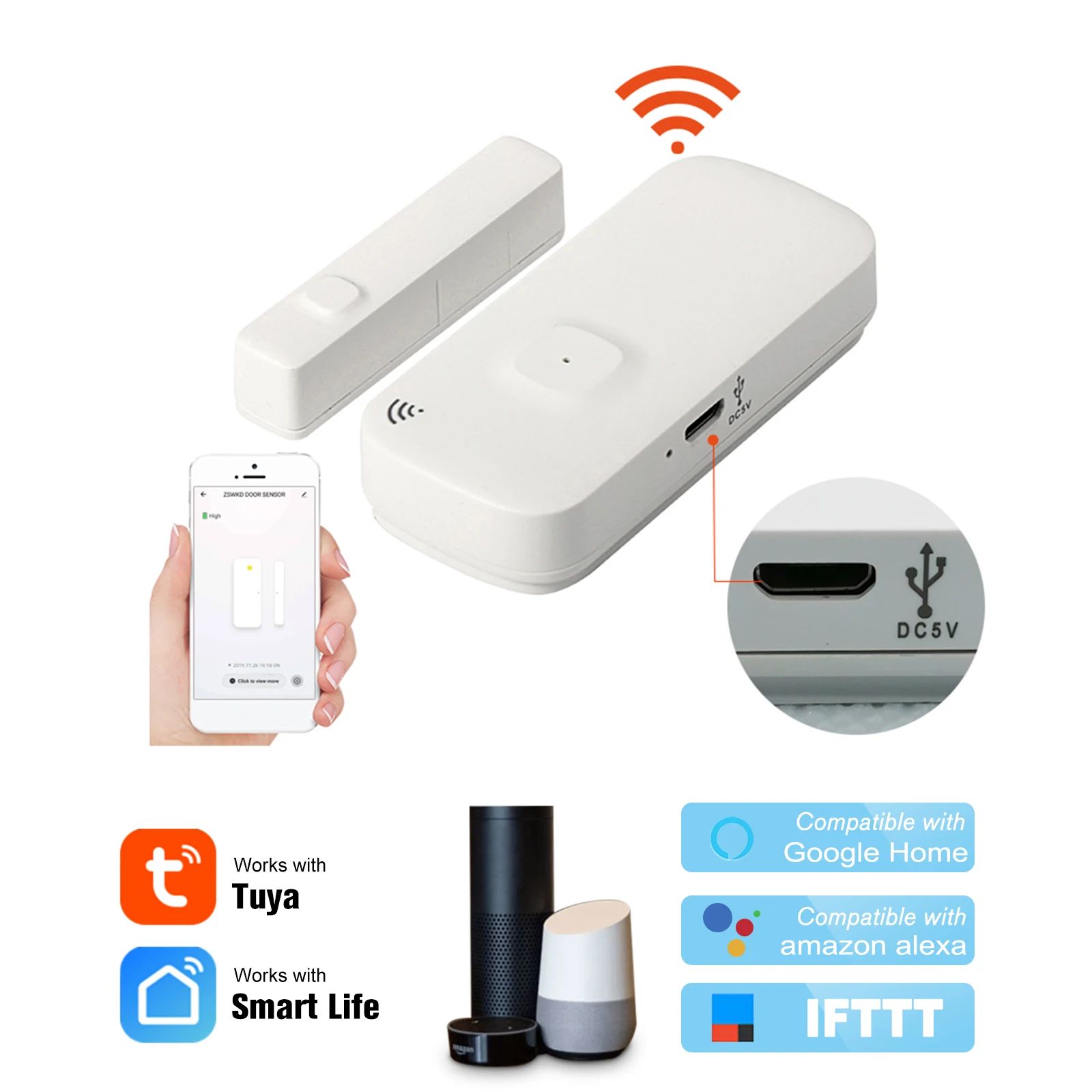 WIFI Door Sensor Door Window Security Alarm Sensor Magnetic Switch Wireless Detector Compatible with Alexa Google Home Tuya