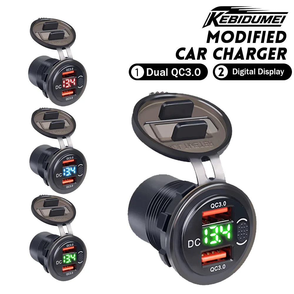 KEBIDUMEI Car Charger Dual QC3.0 Power Adapter USB Port Fast Charging Socket with Switch Digital Display for UTV Car Accessories
