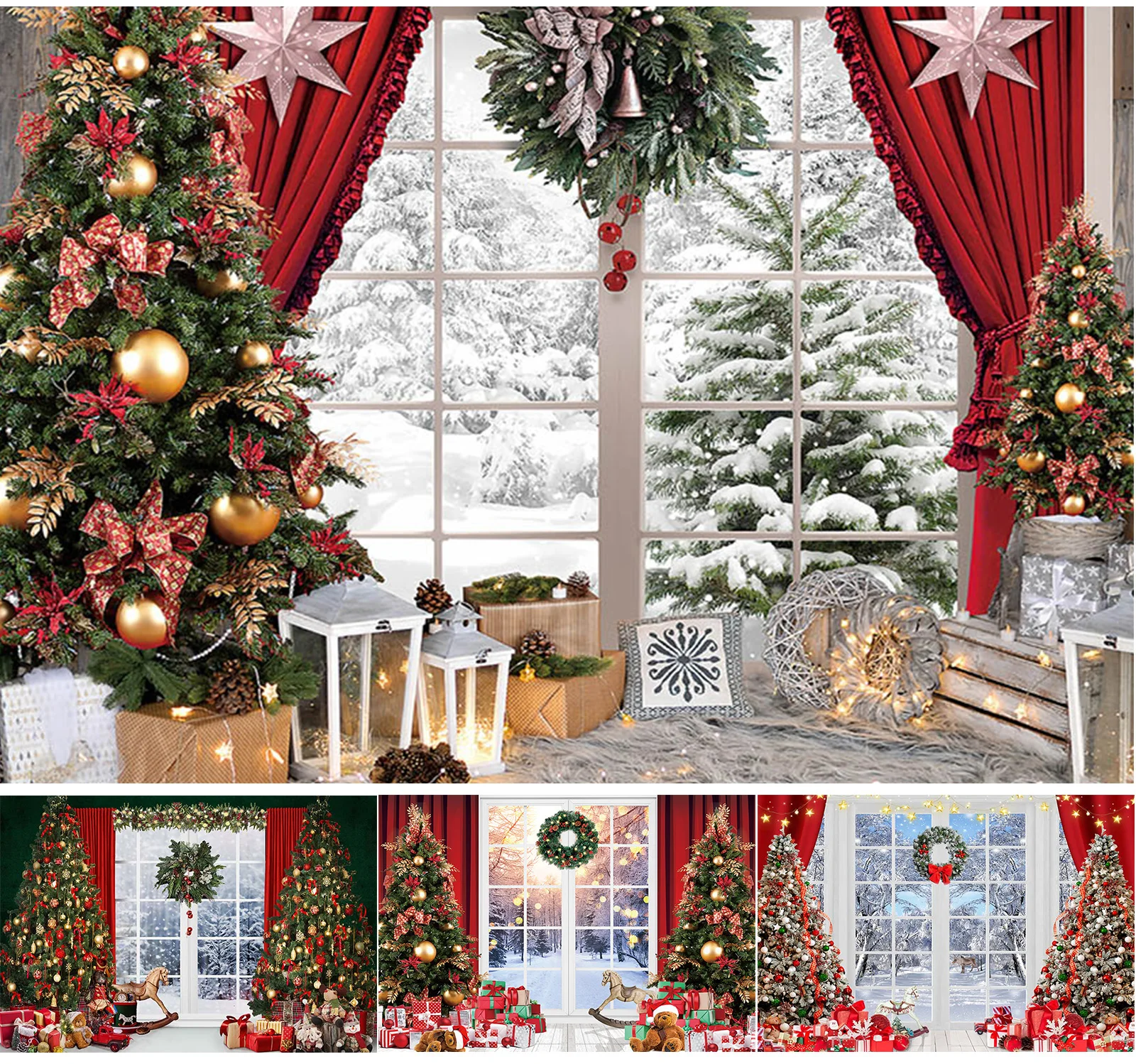 

Photography Background Winter Christmas Snow Scene Window Xmas Tree Kids Family Portrait Party Decor Backdrop Photo Studio Prop