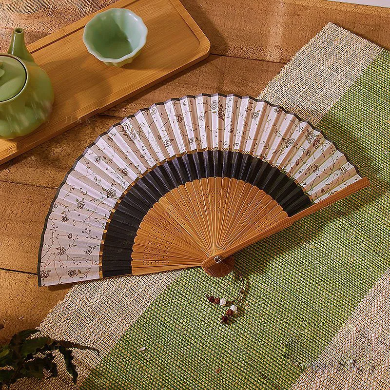 Women's Fan Double Section Bamboo Fan Retro Cheongsam Hanfu Floral Summer Portable Silk Small Folding Dance Fan Daily Hand Fan