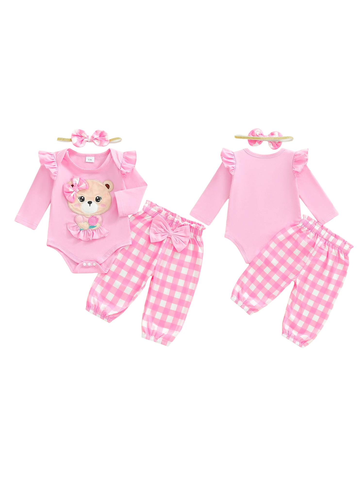 Infant Girls 3-Piece Outfit with Long Sleeve O Neck Romper Pants and Headband Featuring Letter Embroidery