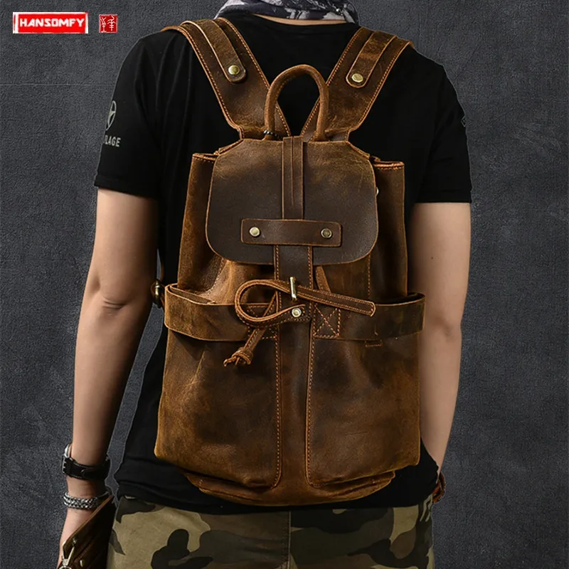 Men Backpack Genuine Leather Men's Travel Backpacks Male Large Capacity Bucket Bags Personalized Model Retro Crazy Horse Leather