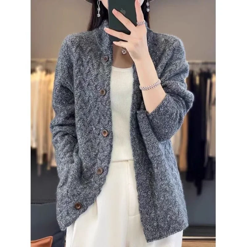 Women's Thickened Streak-up Stand-collar Top Loose Solid Color Long-sleeved Knitted Sweater Jacket