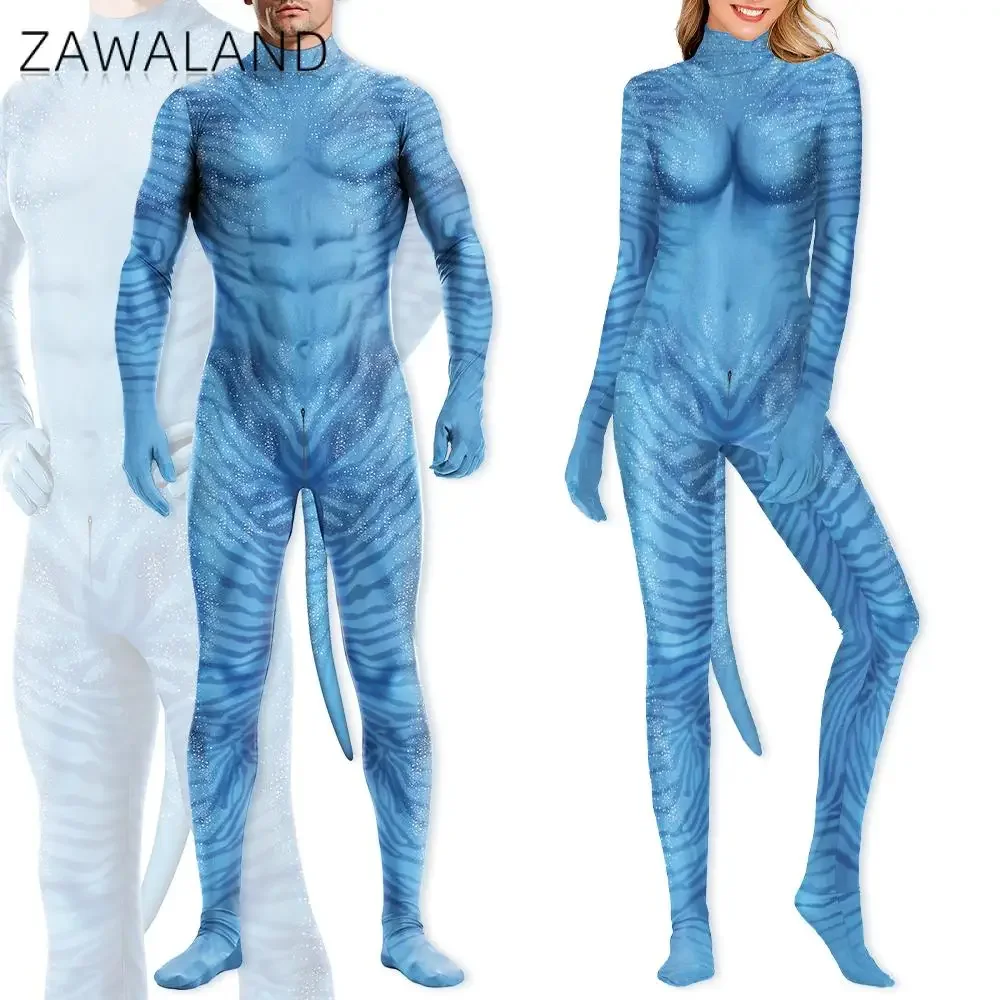

Zawaland Avtar Water Way Cosplay Costume for Woman Man Blue Superhero Halloween Party Outfit Full Body Zentai Bodysuit with Tail