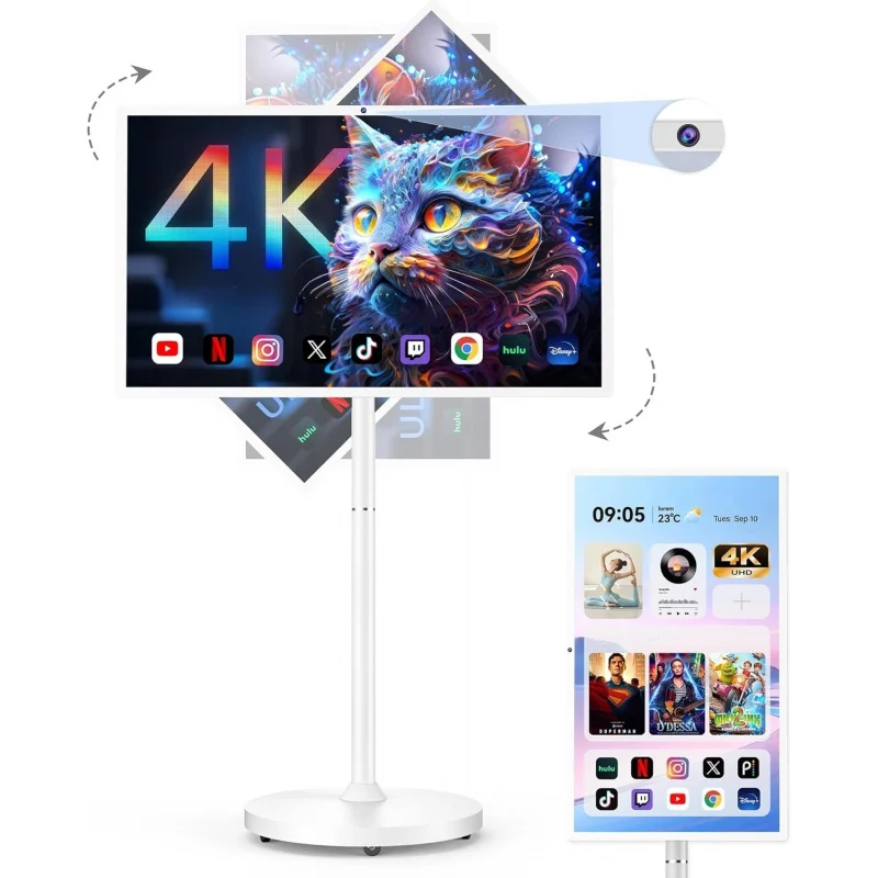 Televisor Inteligente Portátil UHD 4K de 32 Pulgadas con Ruedas, CPU Qualcomm Snapdragon 710, Batería Integrada de 8-10H, 8+128GB, Sistema Operativo Android 14