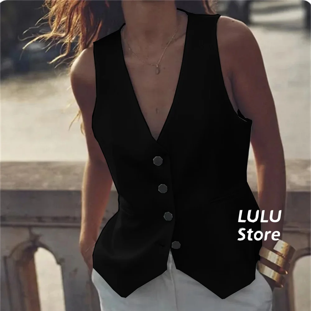 Women's Vest White V-Neck Sleeveless Single Breasted High Quality Gilet Minimal Style Button Female Pretty Waistcoat chaleco