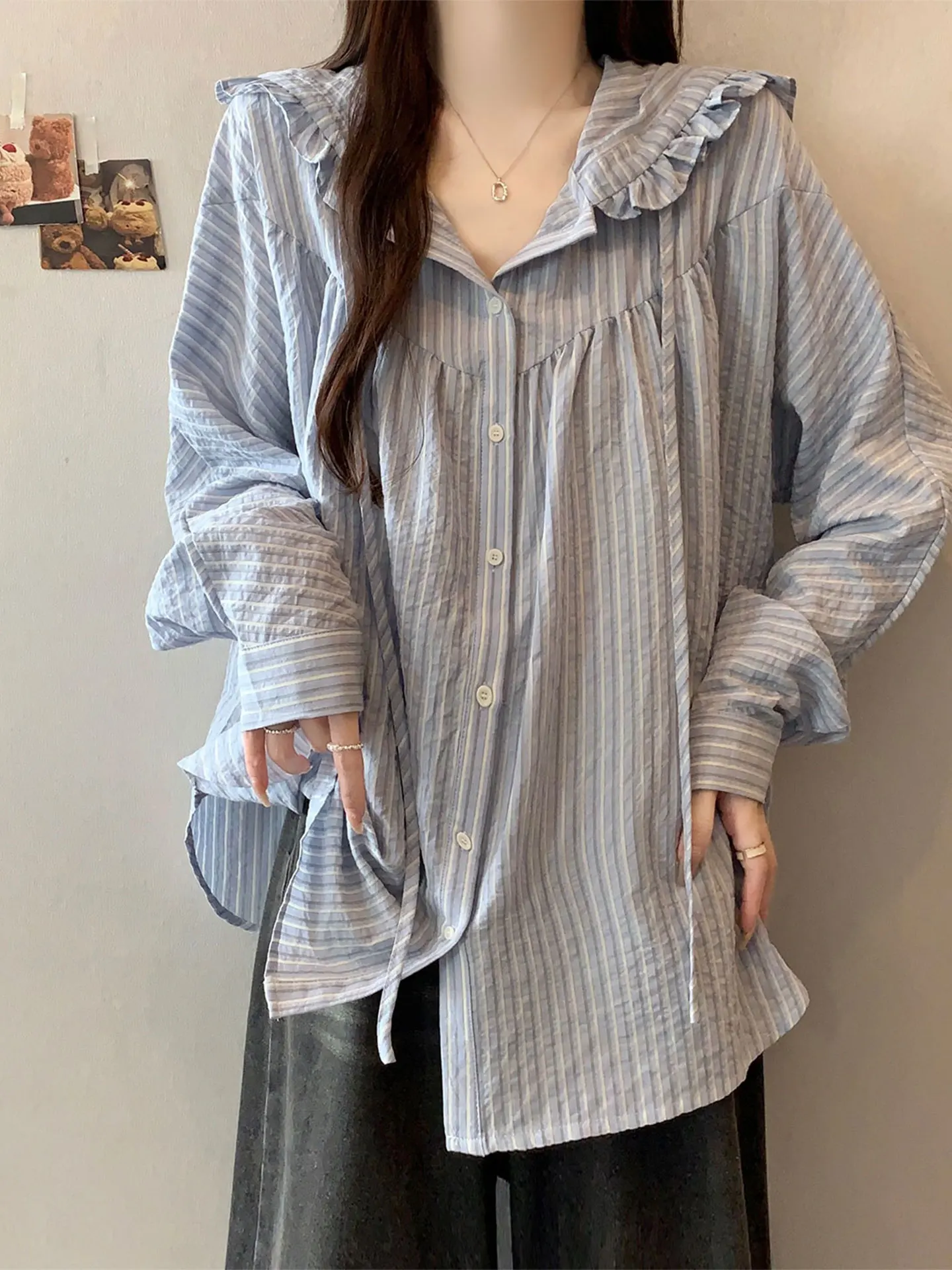 

Уникальное деревянное пальто-свитер с воротником, удлиненное, женское, больших размеров, синее в полоску, антивозрастное, повседневное, весна 2026