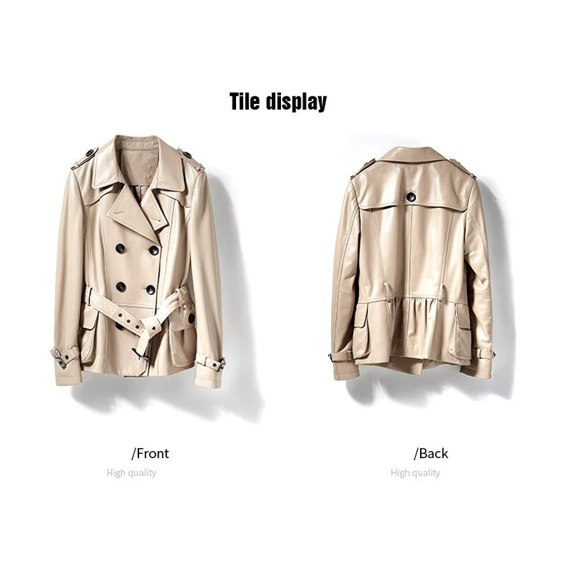 Gabardina corta de cuero genuino de estilo inglés para mujer, chaquetas de piel de cordero ajustadas, cinturón con cordones, elegante, doble