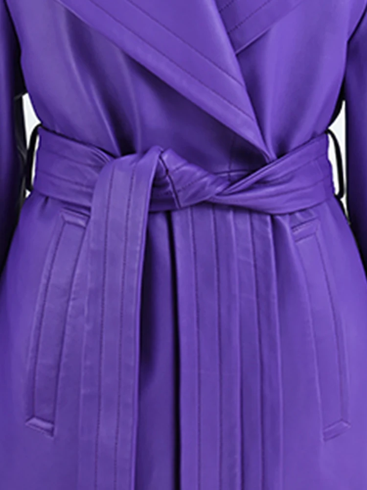 Lautaro Spring Autumn Long Luxury Elegant Purple Colored Faux Leather Trench Coat for Women Sashes Runway Designer Fashion 2022