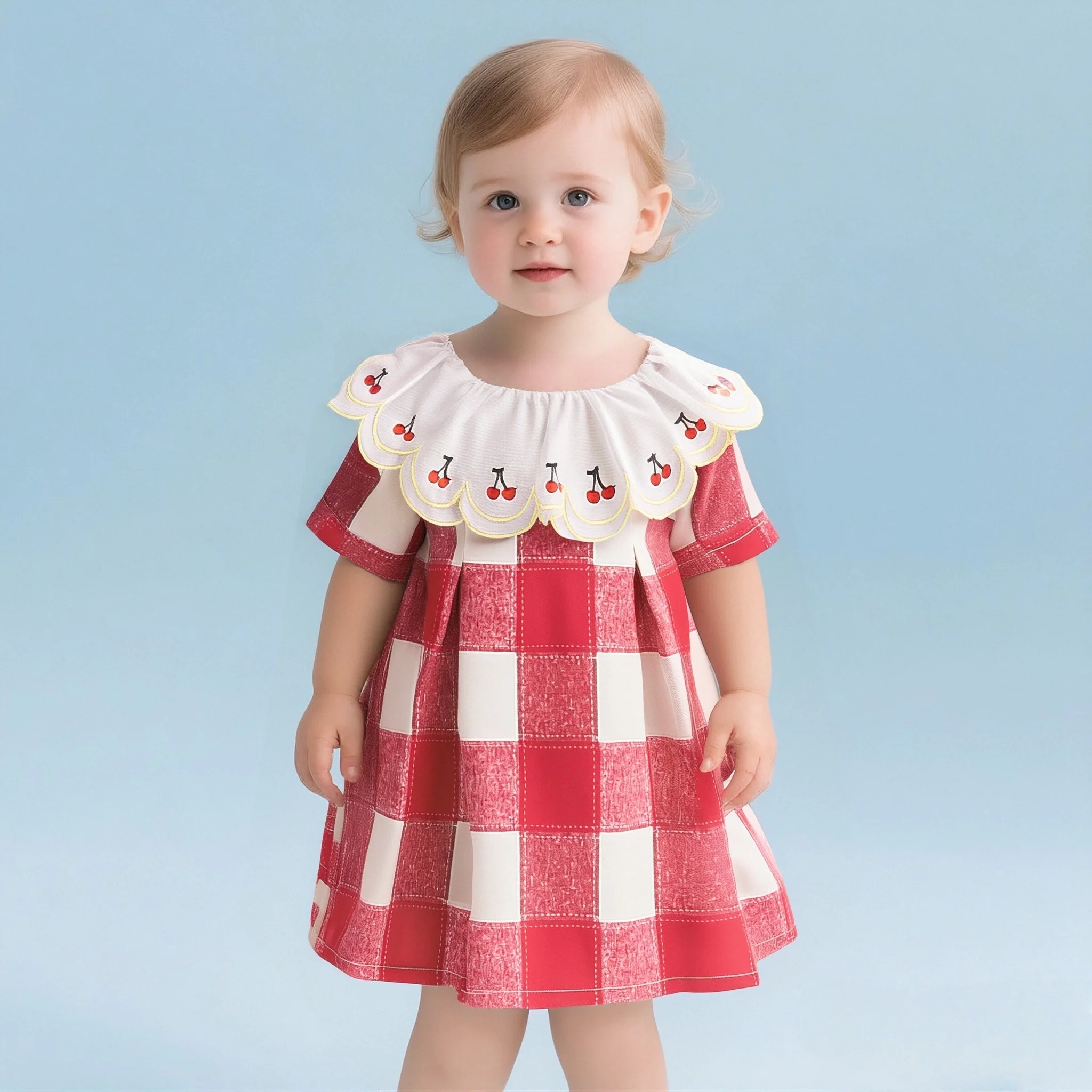 

Baby Girl Dresses Summer New Short Sleeved Girl Clothes Plaid Lapel Sweet Cherry Print Casual Dresses For Girls