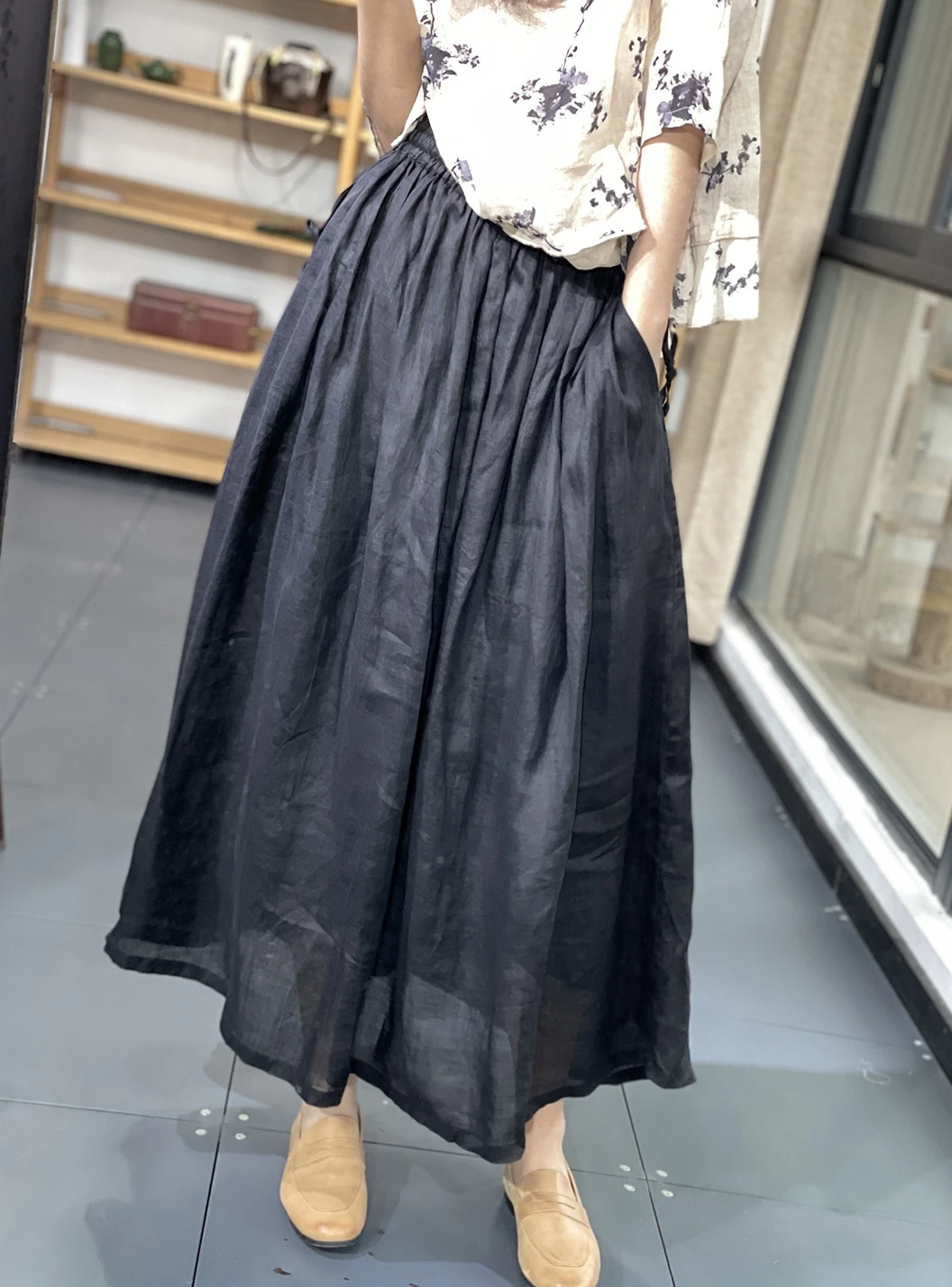 Gonna Estiva a Vita Alta in Cotone a Doppio Strato, Linea A, Plissettata, Midi, Snellente, per Donne Taglie Forti, Tinta Unita per il Lavoro