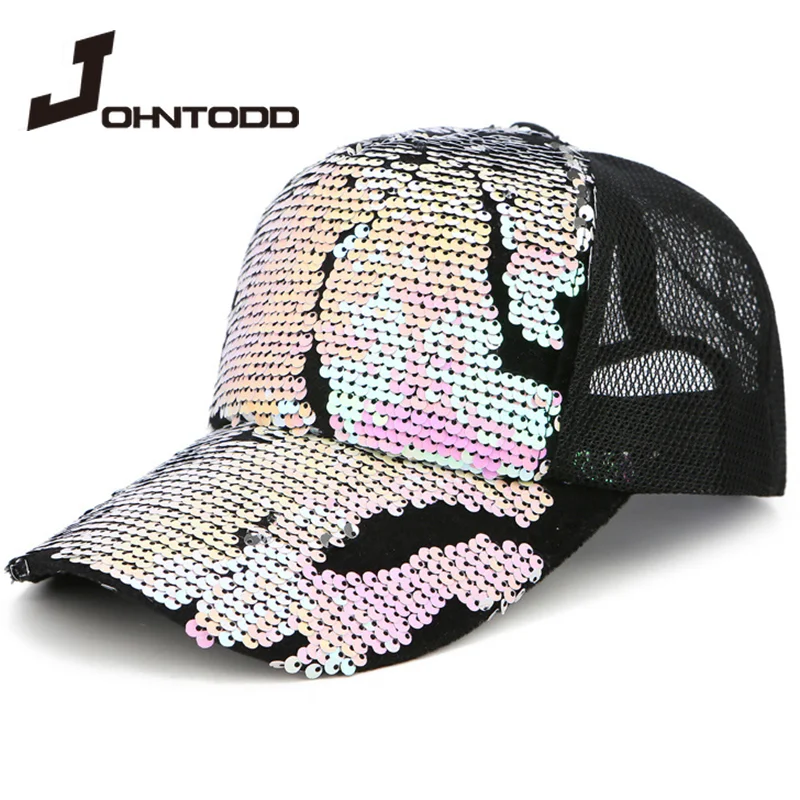 

2021 New Fashion Summer Women Glitter Baseball Cap Snapback Hat Mesh Trucker Ladies Caps Hip Hop Sequin Hats Outdoor Adjustable