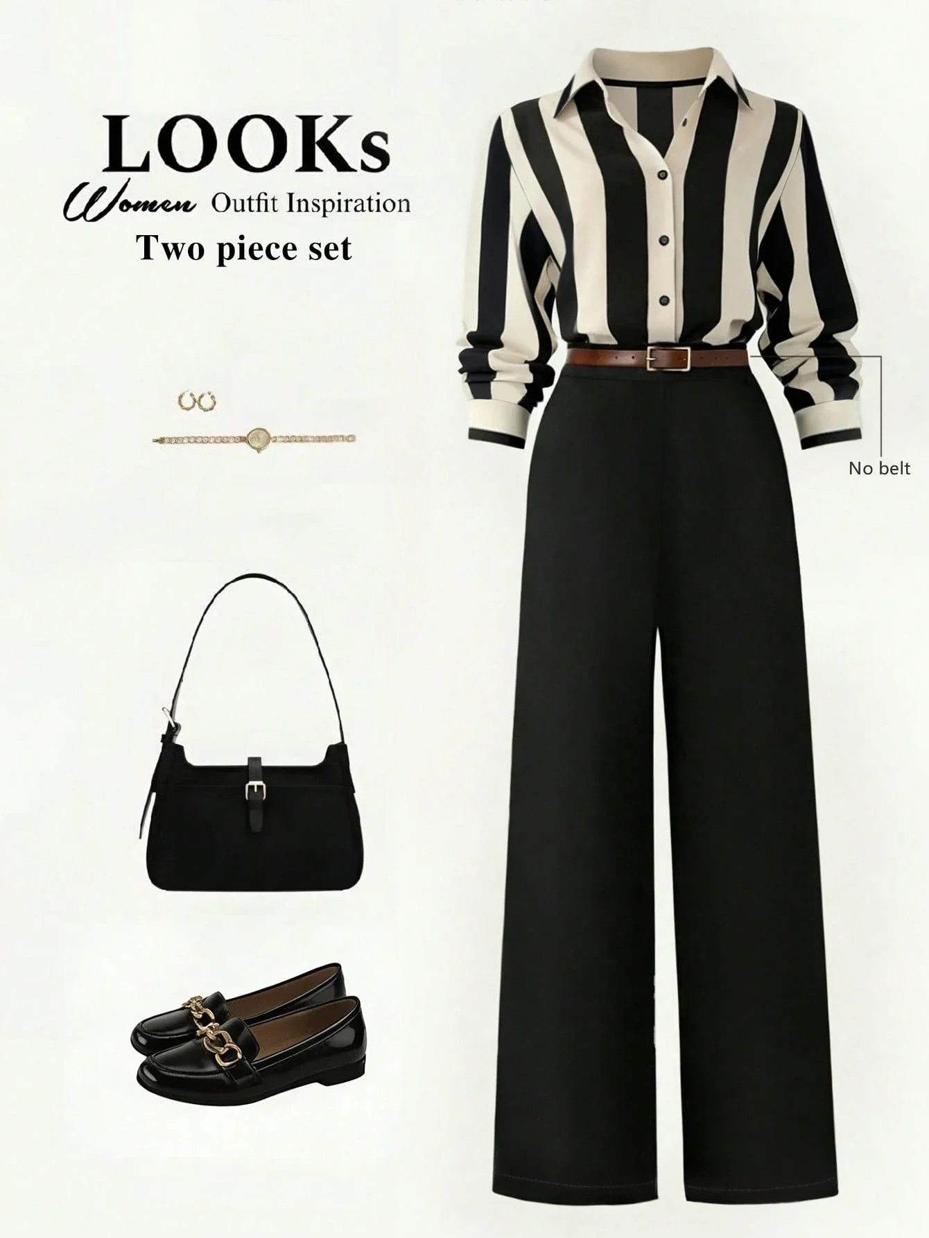 

Women's Striped Shirt And High-Waisted Wide-Leg Black Trousers Two-Piece Set Casual Office Outfit