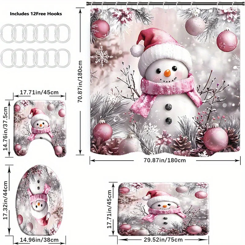 4PCS Christmas Polyester Shower Set, Woven Design, 12 Hooks, Toilet Seat Cover, Non-Slip Mat, Bathroom Decor