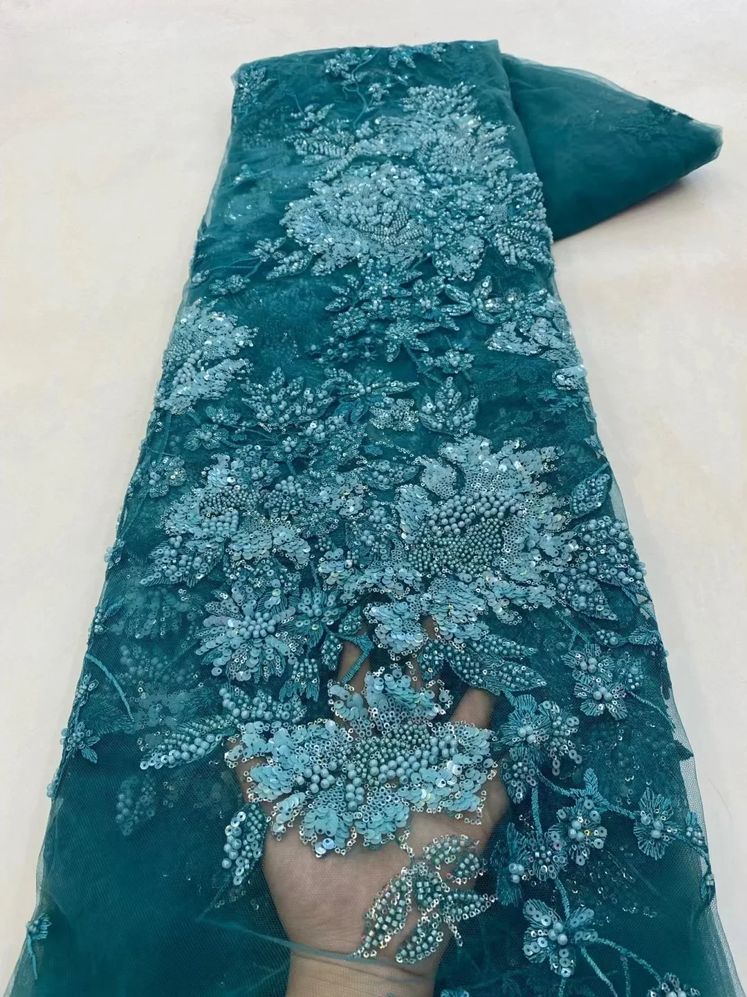 5 Yards Tulle Net African Lace Fabric Bead Lace 2025 High Quality Black Nigeria Sequin Fabrics for Wedding Evening Dress Sewing