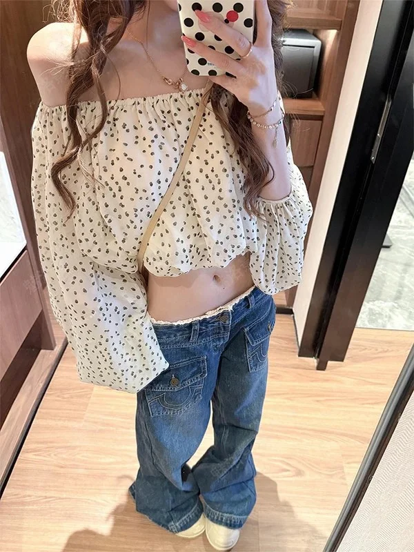 French Style Polka Dot One Shoulder Long Sleeve Lantern Sleeve Women's Shirt Summer New Loose Fit Short Top Poem Memory Queen