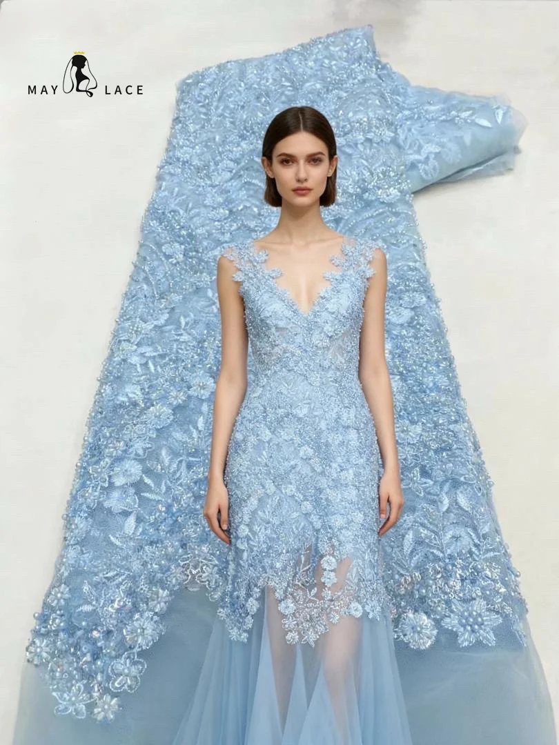 

Luxurious African 3D Net Mesh Lace Fabric 3d Beads Embroidery Sequins French Tulle Lace for Nigerian Wedding Party Dress Women