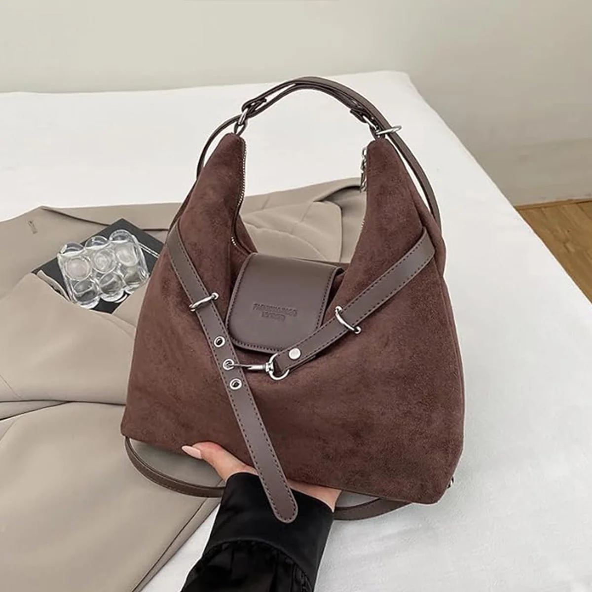 Faux Suede Shoulder Bag W/ Adjustable Straps Large Capacity Backpack Faux Suede Handbags for Everyday Work Wedding Going Out