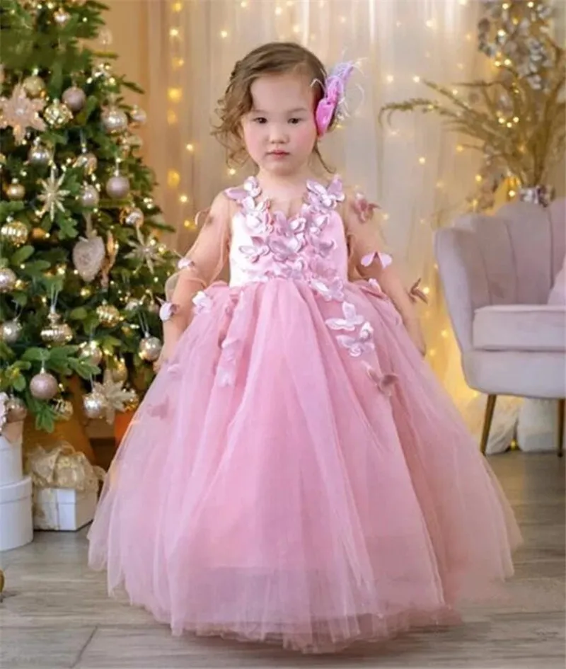 

Cute Pink Flower Girl Dress Long Sleeve 3D Butterfly Princess Birthday Gown First Communion Dress Roupas de florista