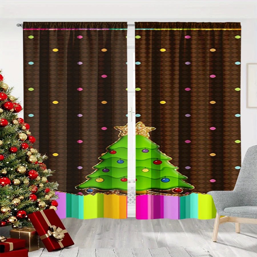2PCS Christmas Winter Curtains, Brown Colorful Dot Cartoon Tree Rainbow Stripe, Digital Print, Bedroom Living Room, Home Decor