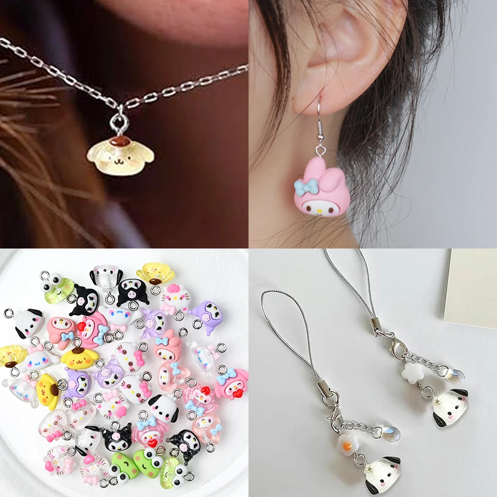 10 peças kit de amuletos de unhas kawaii sanrioed kuromi hellokitty, design de resina com parte traseira lisa brilhante/fosco para pingente de colar de capa de telefone de unha #