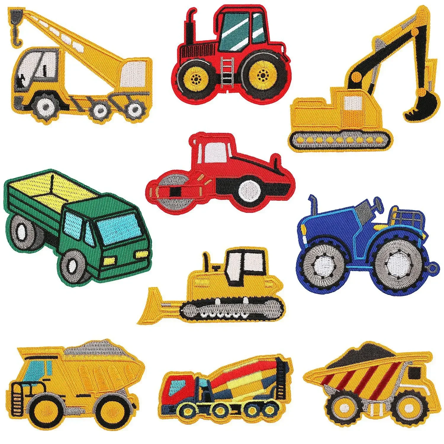 Cartoon Trucks Embroidery Iron on Patches Roller, Digging Machines, Loaders, Bulldozers Engineering Vehicles Clothing Appliques