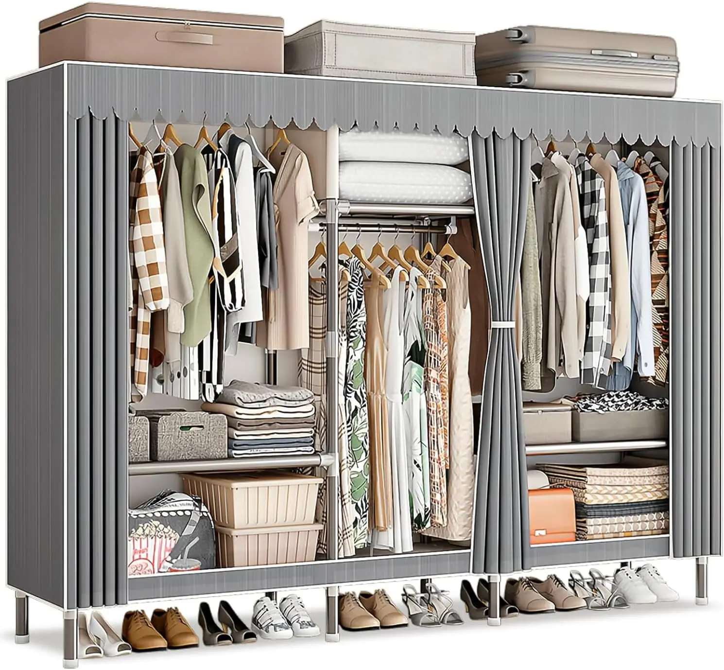 Portable Closet Closet Wardrobe, Wardrobe Rack with Cover, Gray Stripes, Storage Closet for Hanging Clothes, Equipped