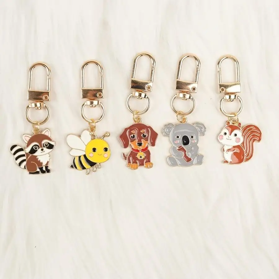 1/5/10/20/50/100pcs s/s Cute Little Animal Keychains, Including Squirrel, Dachshund, Bee, Koala, and Raccoon Keychains. Suitable