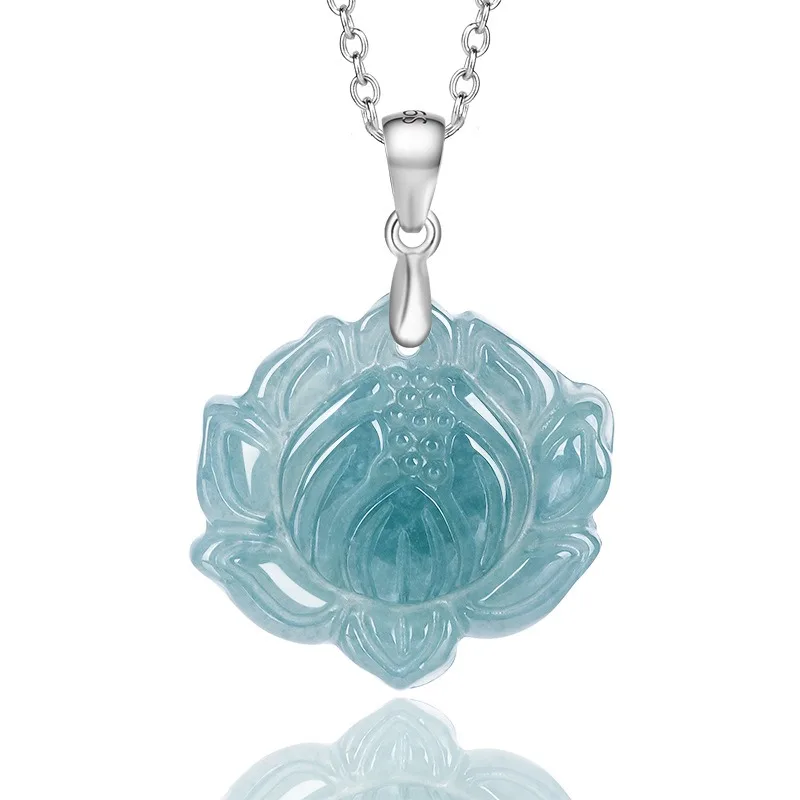 

925 Silver Natural Burmese Blue Emerald Lotus Jade Pendant Necklace Carved Fashion Charm Jewelry Amulet Gifts for Women Luxury