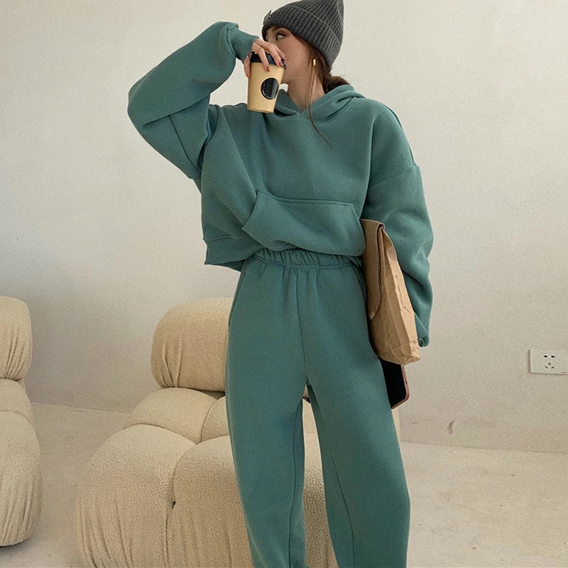 Women Tracksuit Casual Hooded Sport Suits Autumn Winter Hoodie Sweatshirts And Jogging Pants Fleece Two Piece Sets Women Outfits