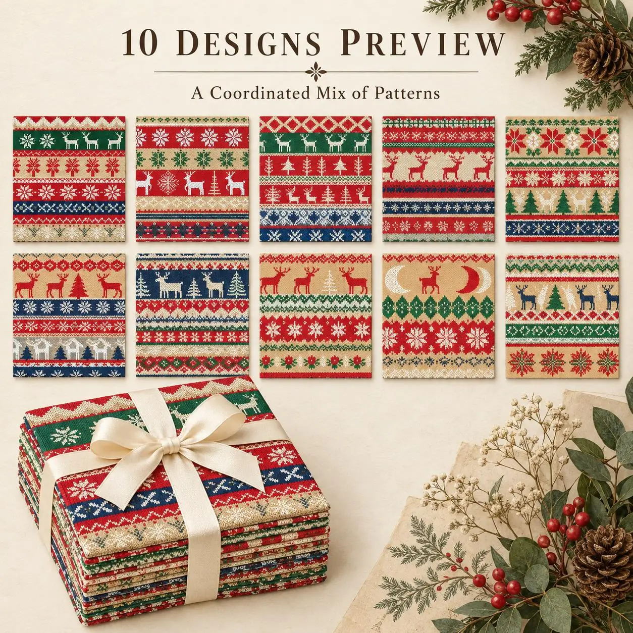 10Pc/Set Christmas Series Stripe Flower Star Deer Tree Moon Fat Quarter Fabric, Pre-Cut Square Fabric Assort, Fabric Set, Craft