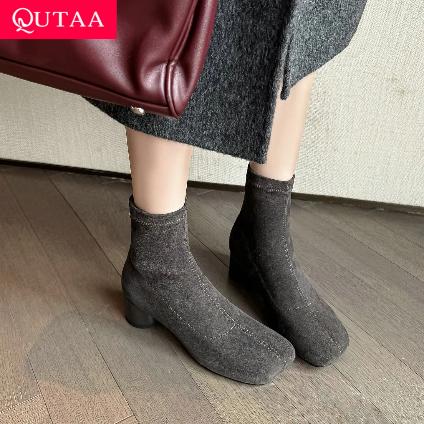 

QUTAA 2026 Fashion News Women Ankle Boots Winter Stretch Boots Autumn Shoes Zipper High Heels Square Toe Dress Short Boots 34-40