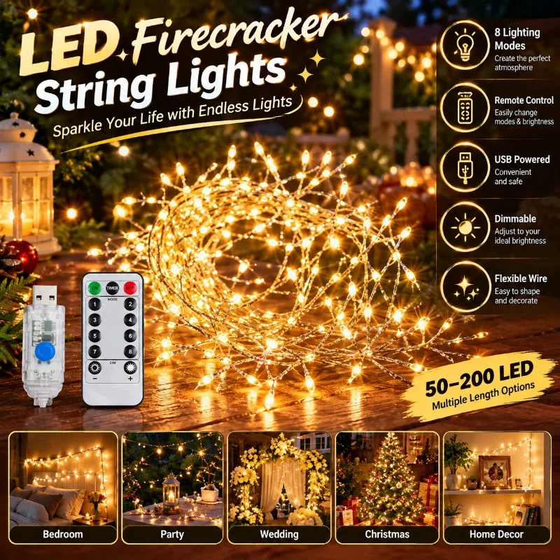 Remote Control USB Firecracker LED Lights 50-200LED Silver Wire String Fairy Lamp Bedroom Party Wedding Christmas Home Decor