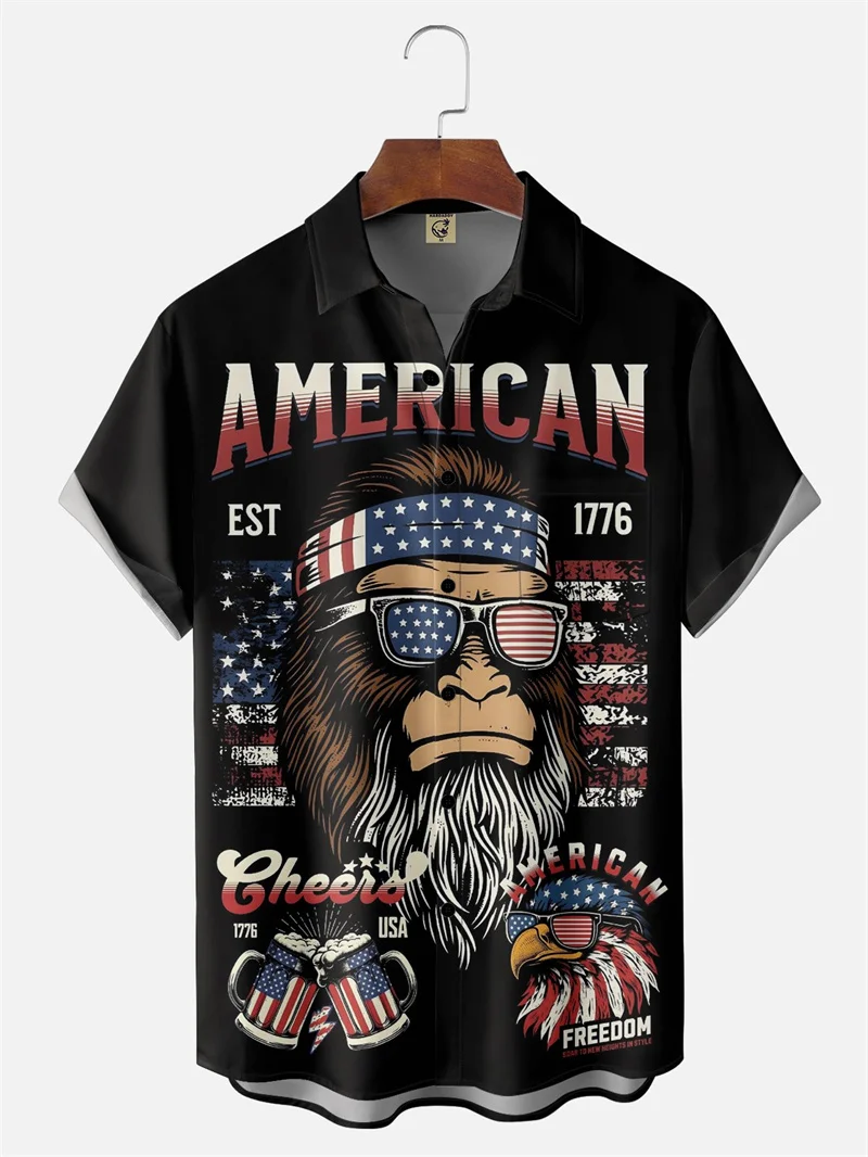 Bigfoot America Flag Graphic Shirt Men And Women Funny Clothing 3D Printed Hawaii Beach Shirts Short Sleeve Street Oversize Tops
