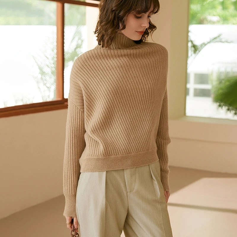 Simple High Collar Commuter Lazy Style Pullover 100% Pure Cashmere Sweater Women's Autumn and Winter New Knitwear Underlay