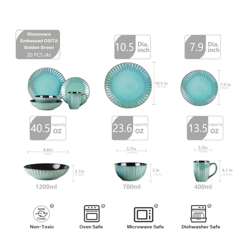 September Promotion Golden Green Stoneware Embossed 16pc Dinner Set High Quality Ceramic Sets Microwave Safe Dinnerware Sets