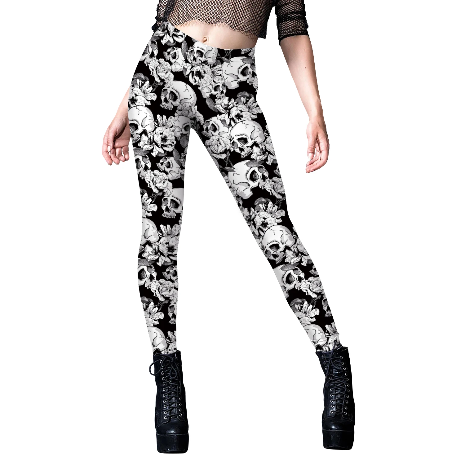 12% Spandex Fashion Punk Style Skull Leggings Women Black  Printing Elastic Workout Fitness Running Leggings Stretch Pants