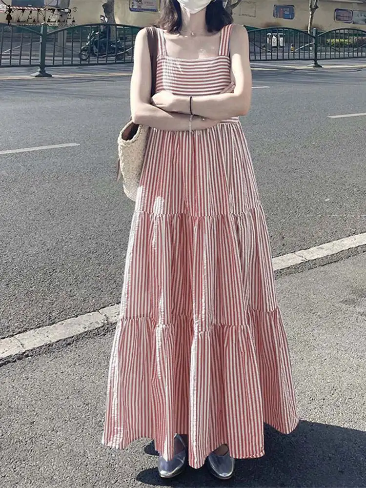 ZANZEA Fashion Women Vintage Square Neck Holiday Long Sundress Robe Femme Vestido Summer Sleeveless Striped Beach Maxi Dress