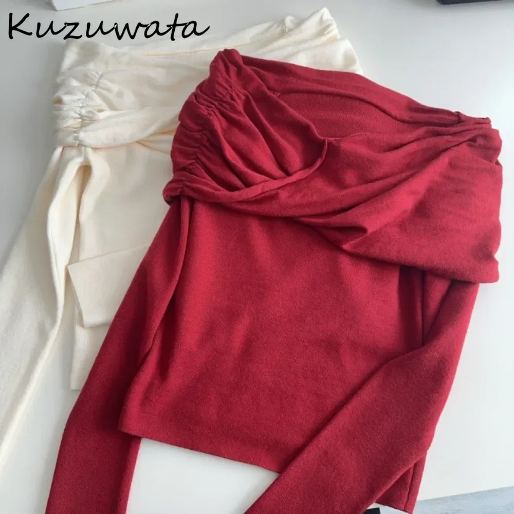 Kuzuwata Harajuku Sweet Bow Slash Neck Long Sleeve Jumper Off Shoulder Tie Kink Solid Pullover Japan Slim All-match Knit New Top