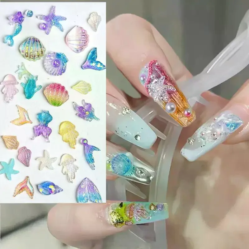 50PCS 3D Conch Shell Nail Charms Colorful Jellyfish Ocean Resin Translucent DIY Nail Art Decorations