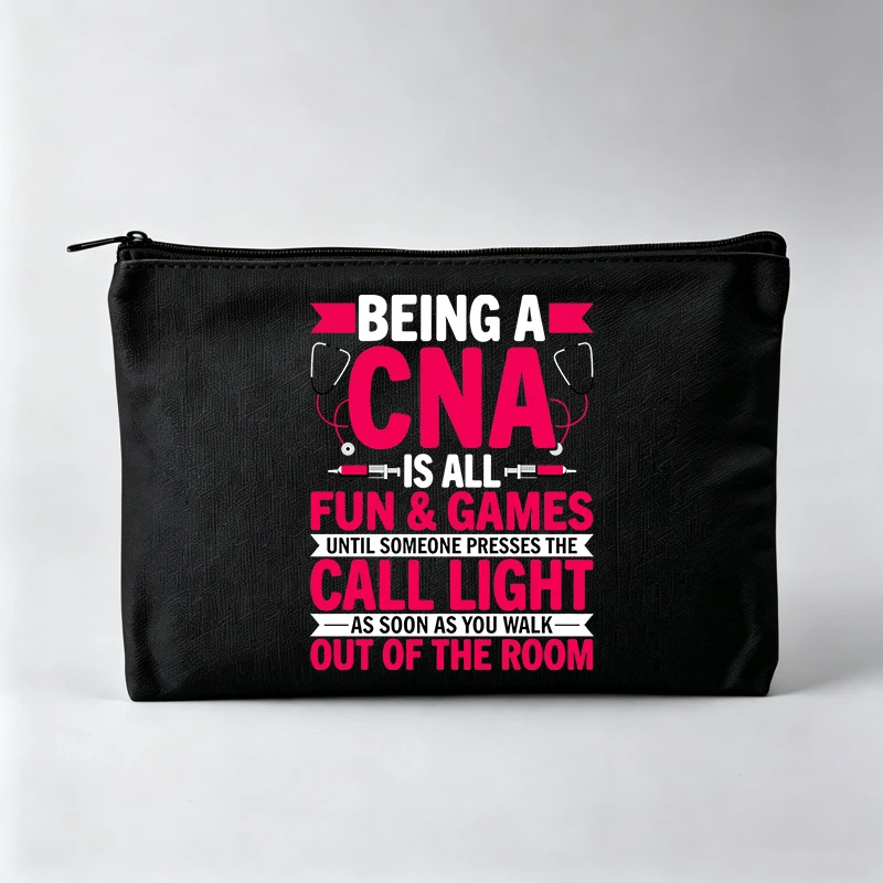 Women's Slogan Style Graphic Makeup Bag, Black Cosmetic Pouch with Zipper for Daily Use