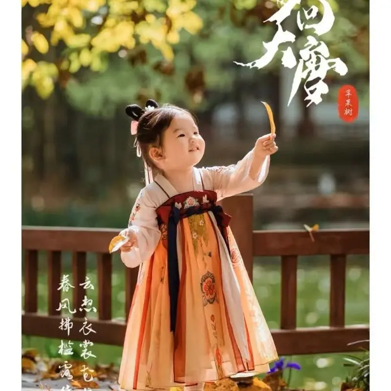 Hanfu for girls, spring collection, ancient-style fairy dress, Chinese-style Tang suit dress, children's robe, suitable for spri