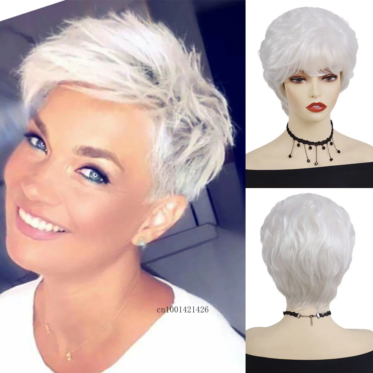 

White Wigs for Women Synthetic Hair Short Haircuts with Bangs Mommy Wig Natural Hairstyles Cosplay Wigs Old Lady Costume Party