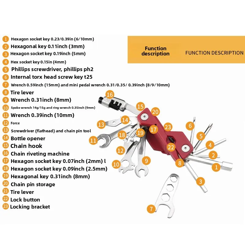 مجموعة أدوات إصلاح الدراجة متعددة الأغراض، مفك براغي متعدد الأدوات، عتلات الإطارات، مفتاح ربط سداسي، أدوات إصلاح قابلة للطي