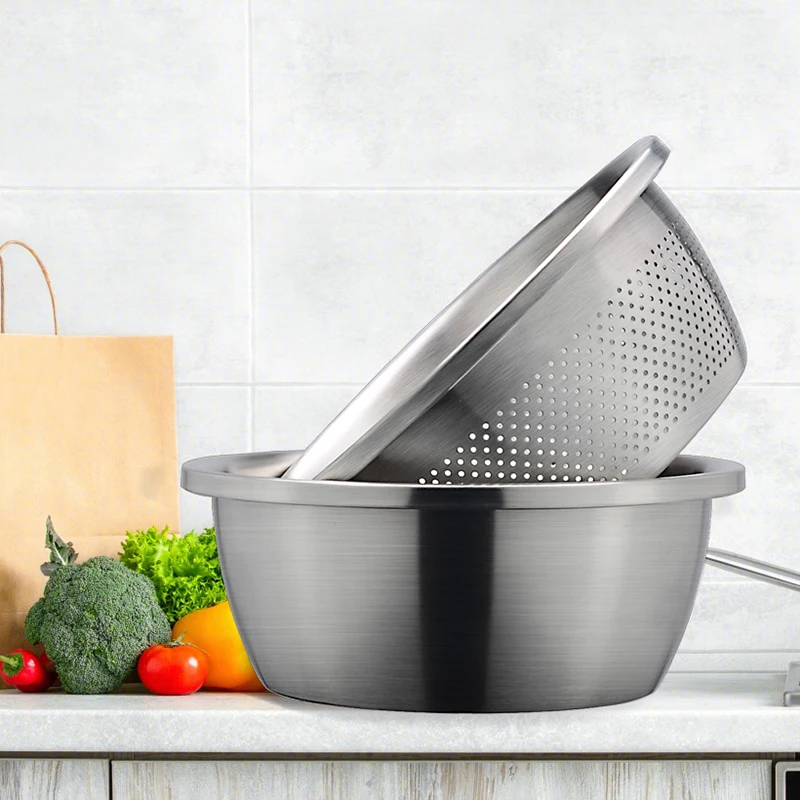 304 Stainless Steel Thickened Mixing Bowls Kitchenware Set Nested Drain Basket Vegetables Basin Rice Sieve Soup Basin Strainer