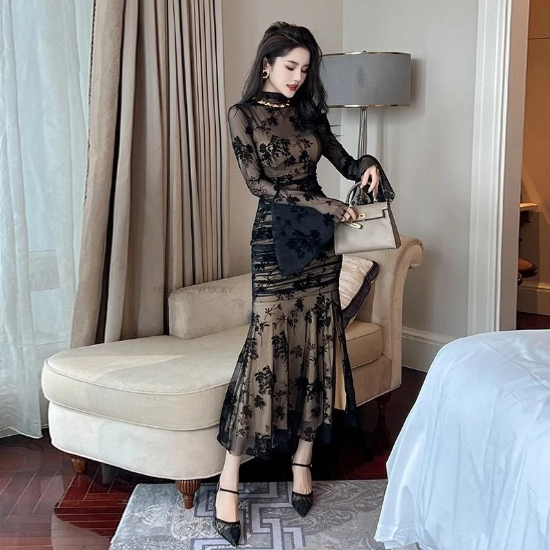 

Chinese Improvement Qipao Dress Lady Elegant Black Fitted Long Dress With Flared Sleeves Women Sexy Mermaid Tail Daily Qipao