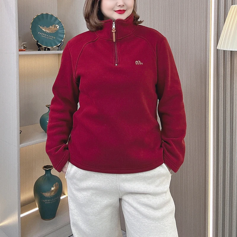 3XL 4XL PLUS Size Women's Hoodies Winter Loose Stand Collar Fleece-lined Embroidery Sweatshirt 844