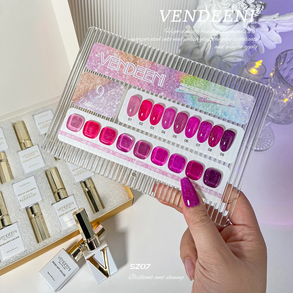 Vendeeni 15ml 9 Colors/set Rose Red Glitter Broken Diamond Gel Nail Polish Soak Off UV Led Colorful Nail Art Varnish