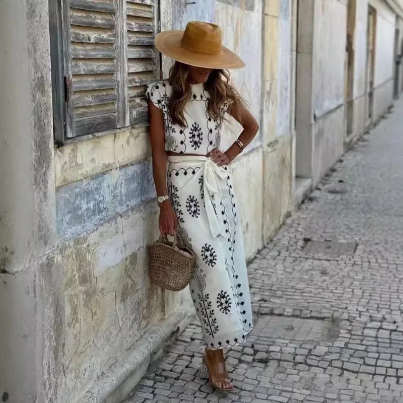 Vestido largo de Cuello medio alto con cordones para mujer, vestido estampado sin mangas, europeo, americano y ruso, otoño e invierno, 2024